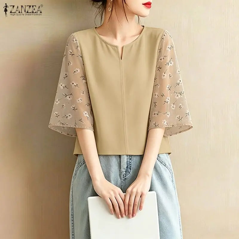 ZANZEA Women's Elegant Floral Chiffon Patchwork Blouses V-Neck 3/4 Sleeve Loose Tops 2026 Summer Daily Casual Blusas de Mujer