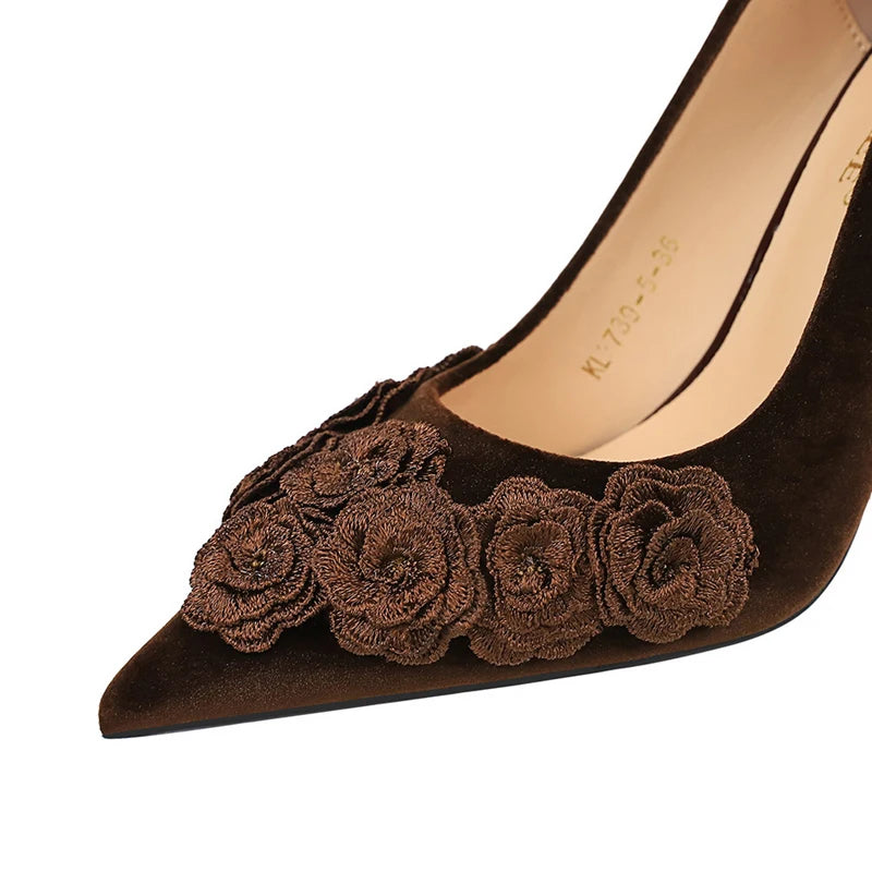 BIGTREE Shoes Flower Design Women Pumps Retro High Heels Suede Women Shoes Stiletto Heels 9 cm Chinese Style Pumps Ladies Shoes