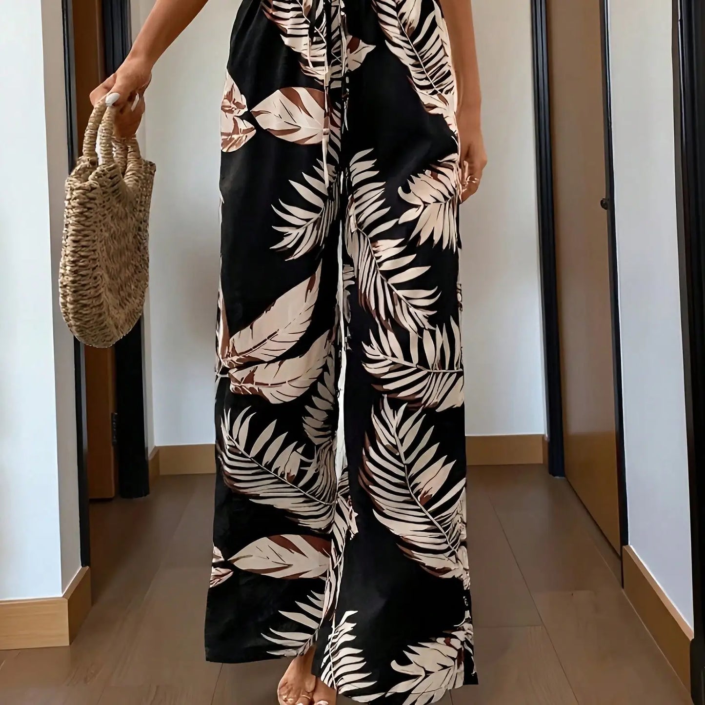 2026 Casual and Elegant Bohemian Style - Loose and Comfortable with Leaf Printed Wide Leg Elastic Waist Wide Leg Pants