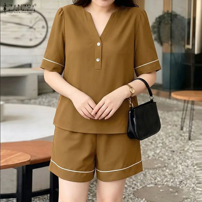 ZANZEA Summer 2PCS Outfit Women 2 Pieces Sets V Neck Short Sleeve Blouse Short Sets Stylish Casual Color-Blocking Tracksuit 2026