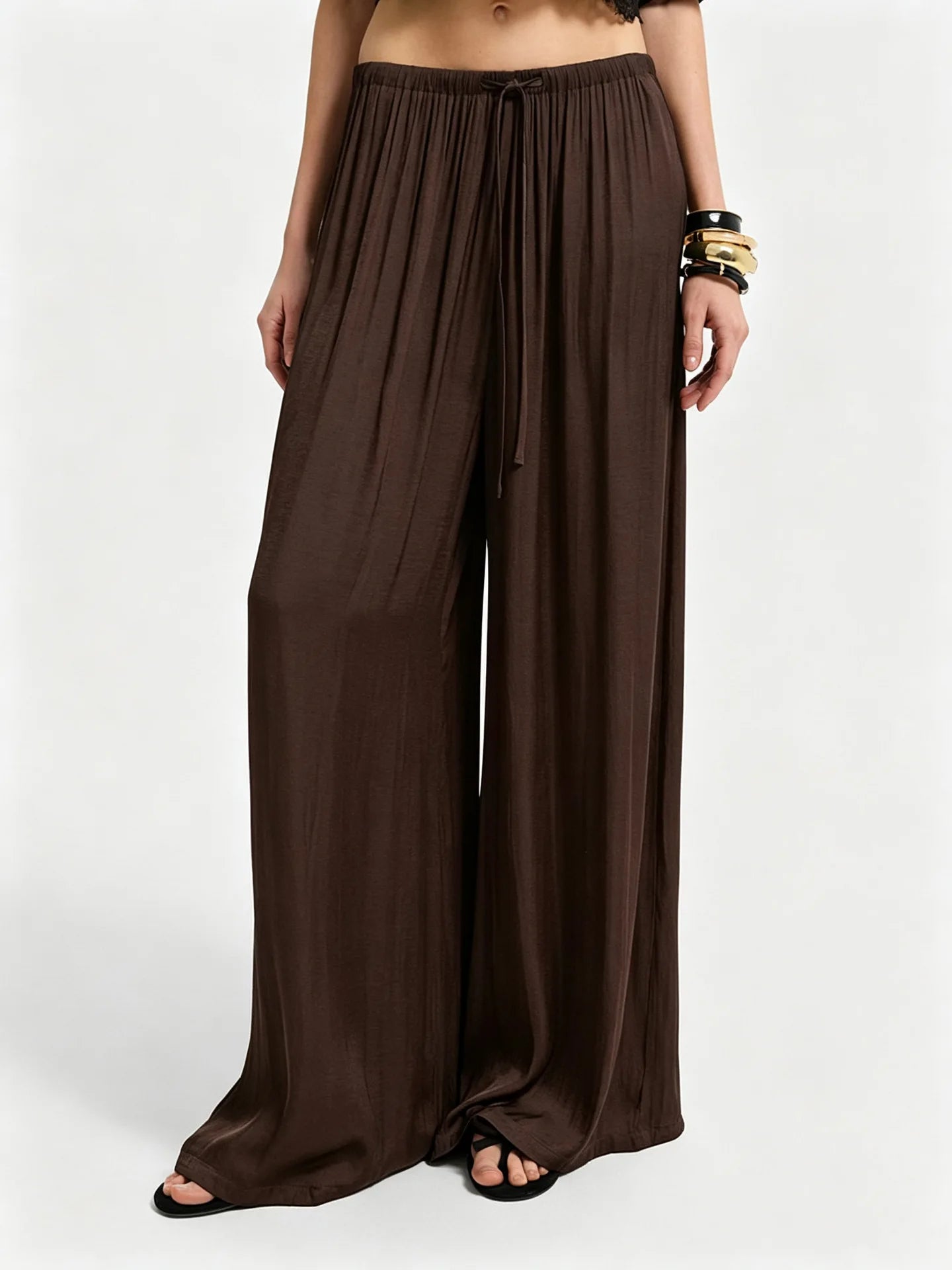New Women High Waist Wide Leg Pants Spring Summer Draped Casual Trousers Drawstring Elastic Waist Loose Straight Leg Beach Pant
