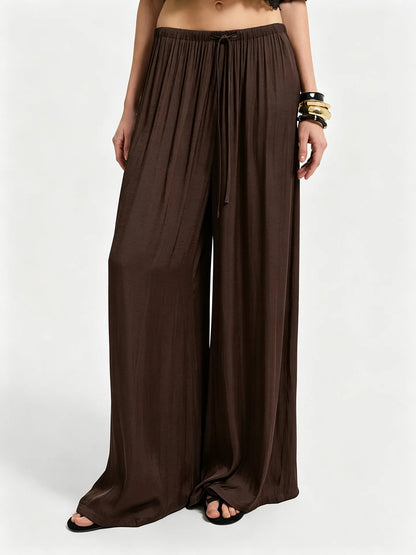 New Women High Waist Wide Leg Pants Spring Summer Draped Casual Trousers Drawstring Elastic Waist Loose Straight Leg Beach Pant