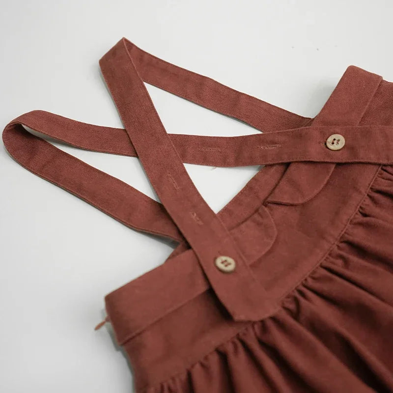 Girls Sweet Cute Cotton And Linen Strappy Dress 2026 Summer New Baby Girl Japanese College Style Cross Buckle Linen Dresses