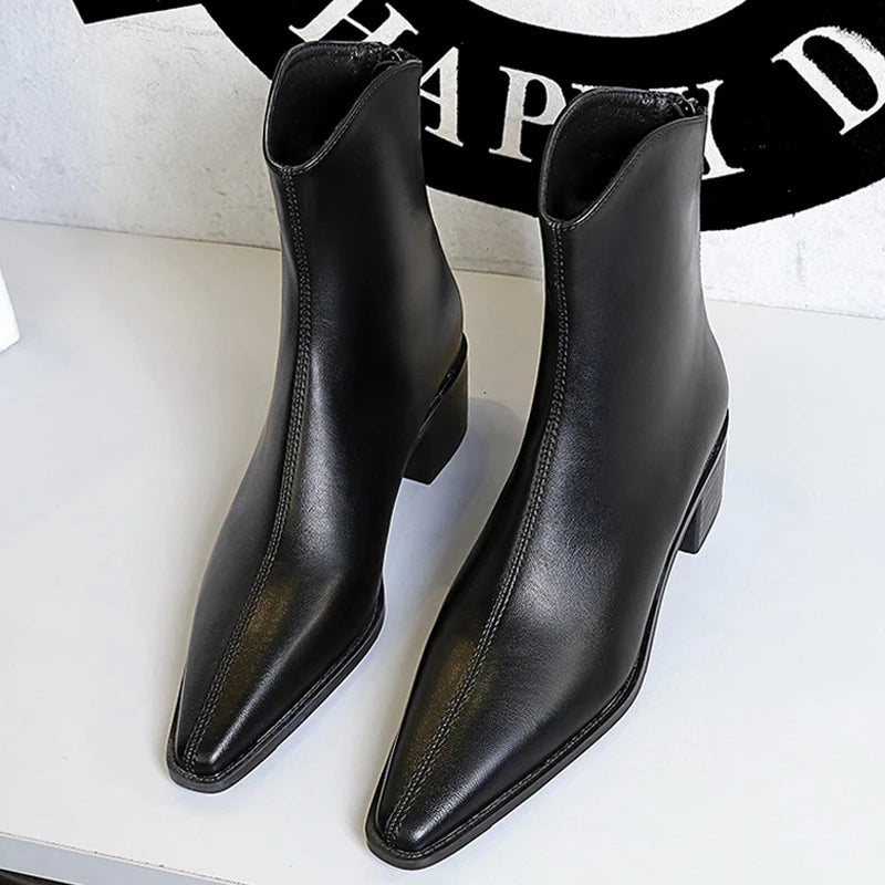 BIGTREE Street Style Designer Vintage Pointed Toe Zipper Women Ankle Boots Autumn Winter Fashion Square Heel Shoes Botas Mujer