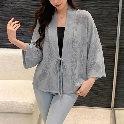 ZANZEA Woman Textured Floral Clip-Dot Cardigans V-Neck Long Sleeves Lace-Up Open Front Kimonos Summer Vacation Beach Cover-Up