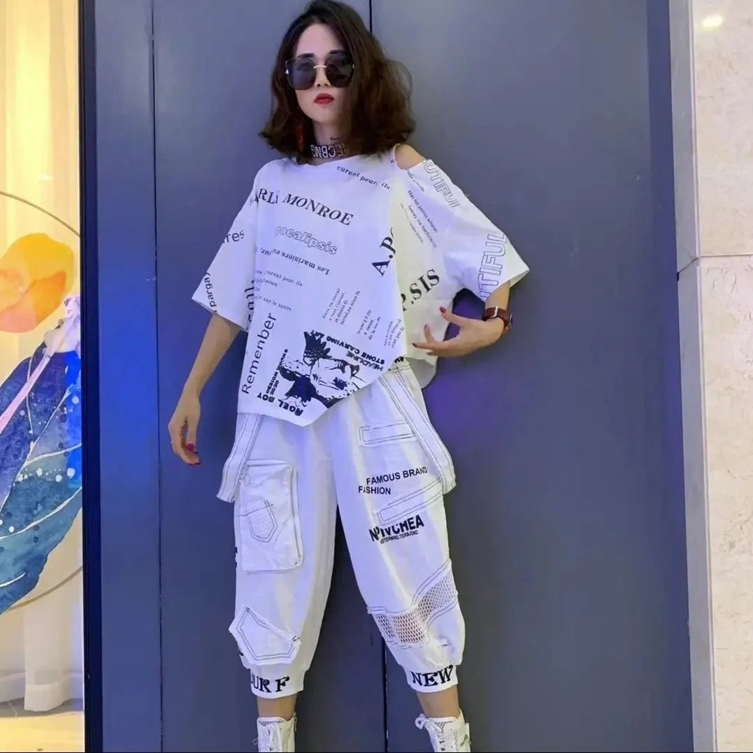 2 Pcs Women Summer Clothing Set Casual Batwing Sleeve Loose Tees Tops And Print Letters Harem Tracksuits Pants Suits