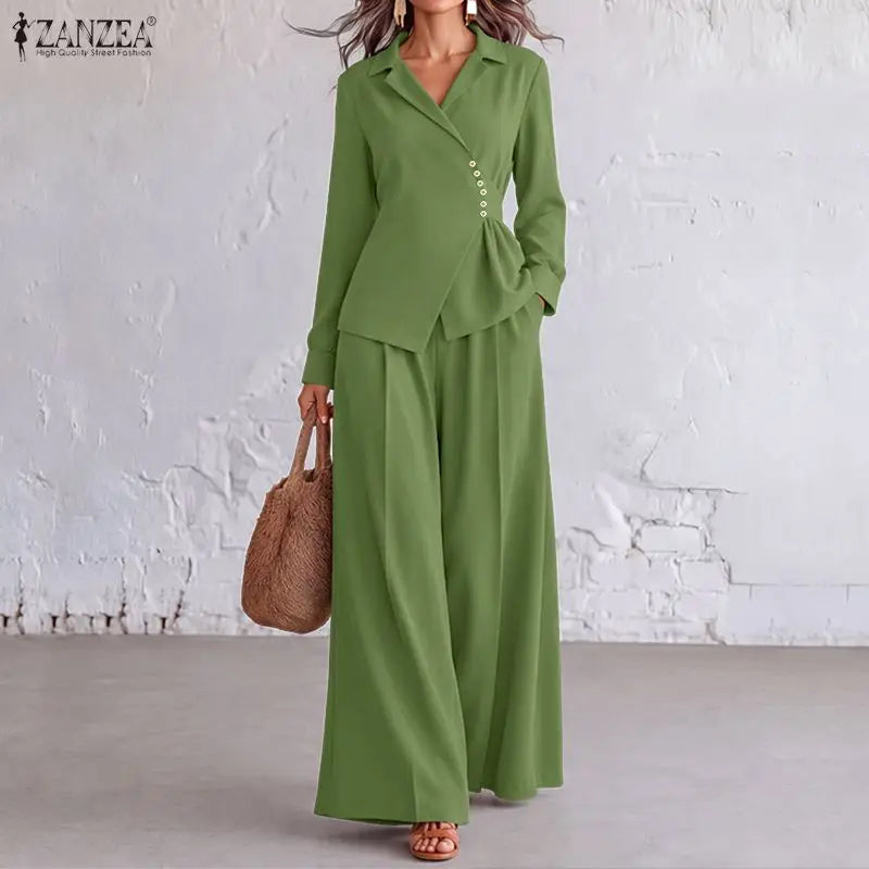 ZANZEA Casual Long Sleeve Tops Trousers Suit Autumn Outfits Office Women 2 Piece Sets Fashion OL Work Pants Sets Solid Tracksuit