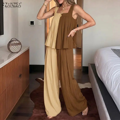 ZANZEA Women Streetwear 2 Piece Pant Sets Color-Blocked Tank Tops & Wide Leg Pants 2pcs Suits 2026 Summer Casual Chic Outfits