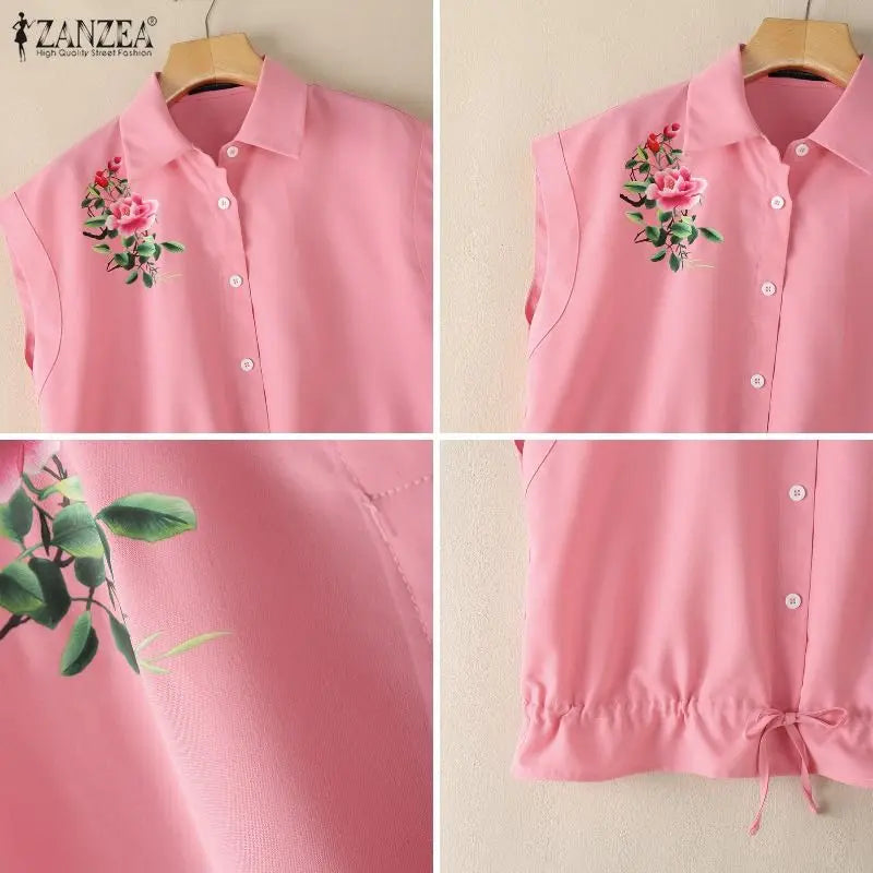 ZANZEA Women Short Sets Two Piece Shorts Sets Floral Drawstring Pockets Casual Summer Lapel Button 2PCS Sleeveless Tops Shorts