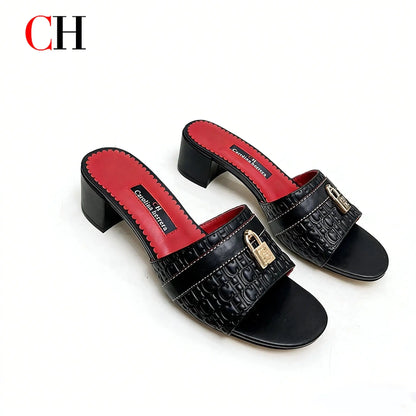 Women's Luxury Black Red Mule Sandals CH Brand Embossed Leather Upper Metal Lock Buckle Design Block Heel Slides for Daily Wear