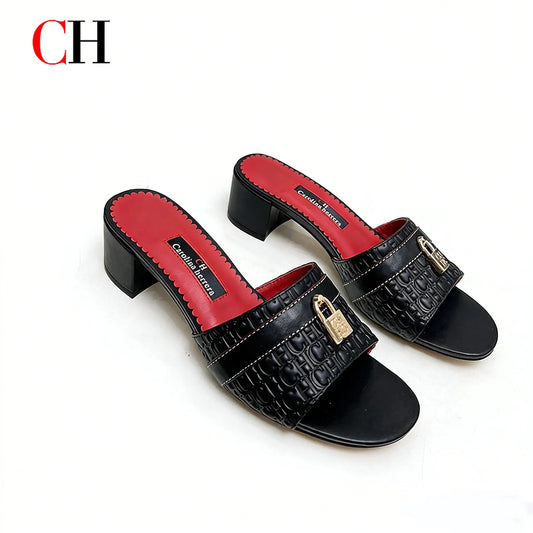 Women's Luxury Black Red Mule Sandals CH Brand Embossed Leather Upper Metal Lock Buckle Design Block Heel Slides for Daily Wear