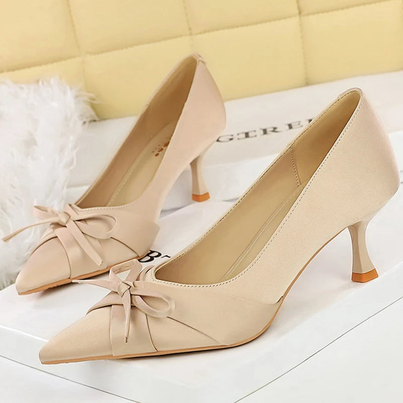 BIGTREE Shoes Silks Satins Women Pumps Bowknot Kitten High Heels Pointed Tip Women Heels Stiletto 6 CM Sexy Party Shoes Pumps