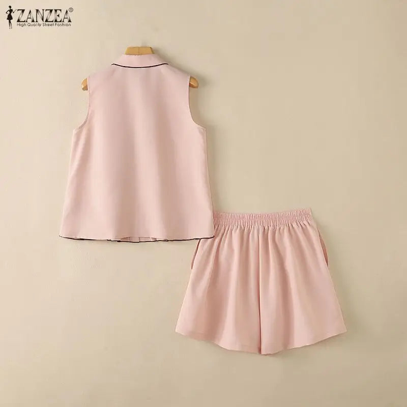 ZANZEA Women Summer 2-Piece Short Sets Fabric Flower Sleeveless Shirts & Elastic Waist Shorts Matching Sets Casual Daily Co-ords