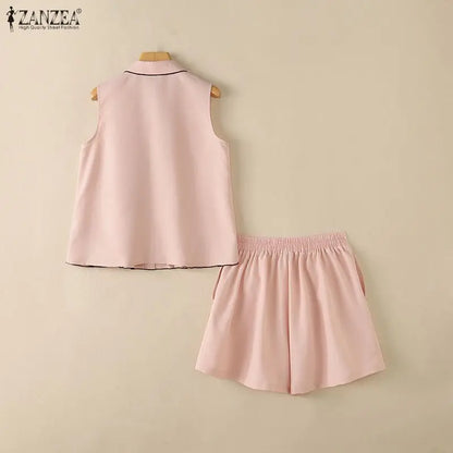 ZANZEA Women Summer 2-Piece Short Sets Fabric Flower Sleeveless Shirts & Elastic Waist Shorts Matching Sets Casual Daily Co-ords