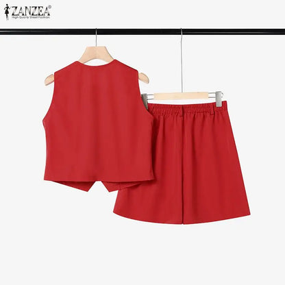 ZANZEA Woman Short Suits Summer Sleeveless Vests Tops & Elastic Waist Shorts 2 Pieces Sets Casual Commuting Solid Color Outfits