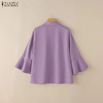 ZANZEA Elegant Layered Flare Sleeves Blouses Women's Casual Turn-Down Collar Solid Color Blouse Spring Summer Fashion Woman Tops
