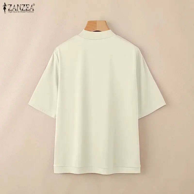 ZANZEA 2026 Minimalist Summer Woman T-Shirts Mock Neck Short Sleeves Seam Detail Solid Color Tees Casual Day Wear Tops 200G