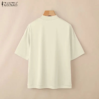 ZANZEA 2026 Minimalist Summer Woman T-Shirts Mock Neck Short Sleeves Seam Detail Solid Color Tees Casual Day Wear Tops 200G