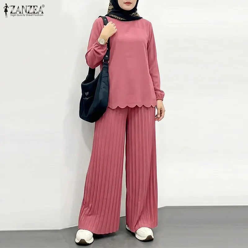 Ramadan Outfits Muslim 2 Pieces Sets Hijab Tracksuit ZANZEA Summer Women O Neck Long Sleeve Tops Pleated Pant Sets Eid Mubarek