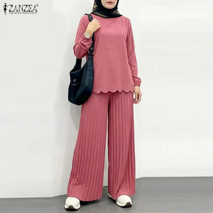 Ramadan Outfits Muslim 2 Pieces Sets Hijab Tracksuit ZANZEA Summer Women O Neck Long Sleeve Tops Pleated Pant Sets Eid Mubarek