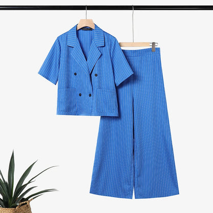 ZANZEA 2026 Women 2 Piece Pant Sets Elegant Striped Short Sleeve Blazer & Wide Leg Pant Suits Office Lady Commute Work Outfits