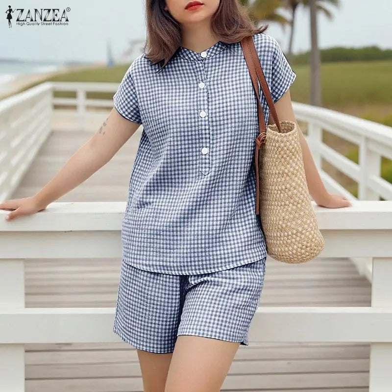 2026 ZANZEA Fashion Summer 2 Piece Sets Women Short Sleeve Plaid Blouse Short Sets Holiday Tracksuit Casual Work Outfit Oversize