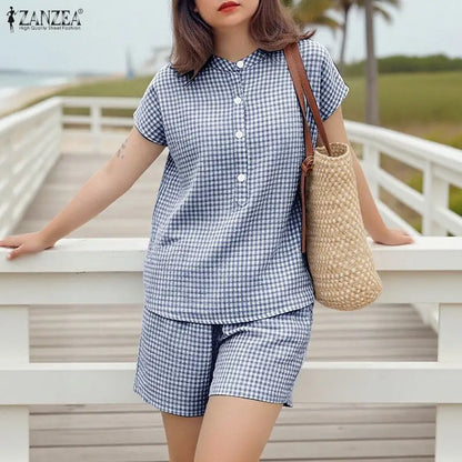 2026 ZANZEA Fashion Summer 2 Piece Sets Women Short Sleeve Plaid Blouse Short Sets Holiday Tracksuit Casual Work Outfit Oversize