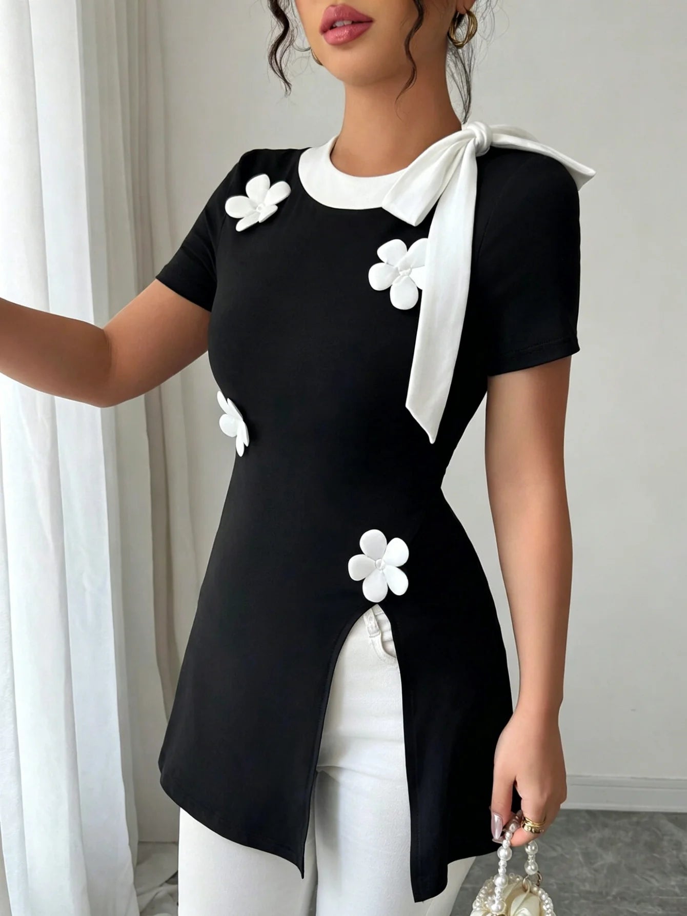 Black White Bow Tie Tunic Top - Elegant V-Neck Slim Fit Short Sleeve A-Line Blouse for Office, Casual & Daily Wear