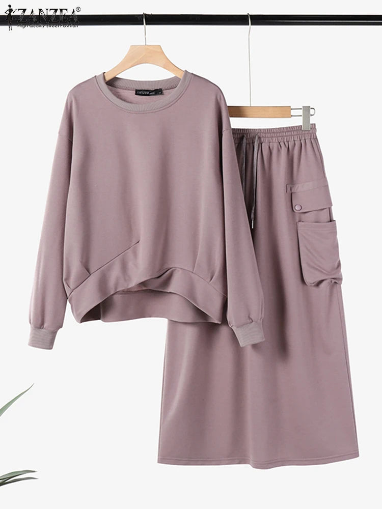 Stylish Autumn Sweatshirts Dress Sets 2025 ZANZEA Spring 2pcs Outfits Women Long Sleeve Hoodies Tops Sundress OL Matching Sets