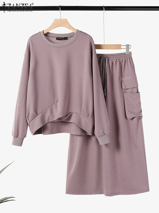 Stylish Autumn Sweatshirts Dress Sets 2025 ZANZEA Spring 2pcs Outfits Women Long Sleeve Hoodies Tops Sundress OL Matching Sets