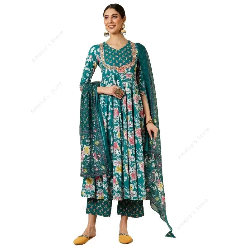 2025 New Indian Traditional Ethnic Embroidered Print 3-Piece Set Women's Outfit Green Cotton Mid-Long Kurta Daily Festival Wear