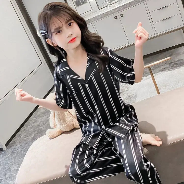 Girls Summer Ice Silk Pajamas Set Short Sleeve Princess Style Cooling Homewear for Kids