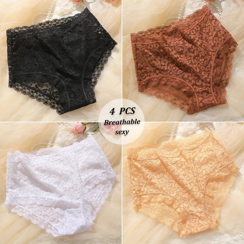 4PCS/SET Women Soft Lace Panties Breathable High Waist Underwear Hollow Sexy Lingerie Floral Solid Color Transparents Briefs New