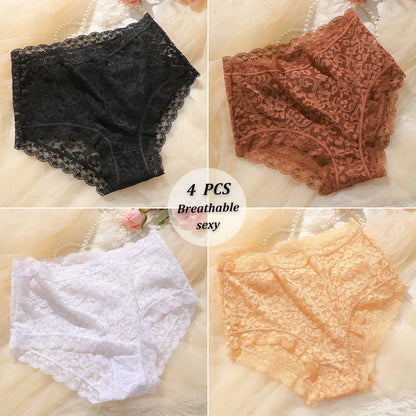 4PCS/SET Women Soft Lace Panties Breathable High Waist Underwear Hollow Sexy Lingerie Floral Solid Color Transparents Briefs New