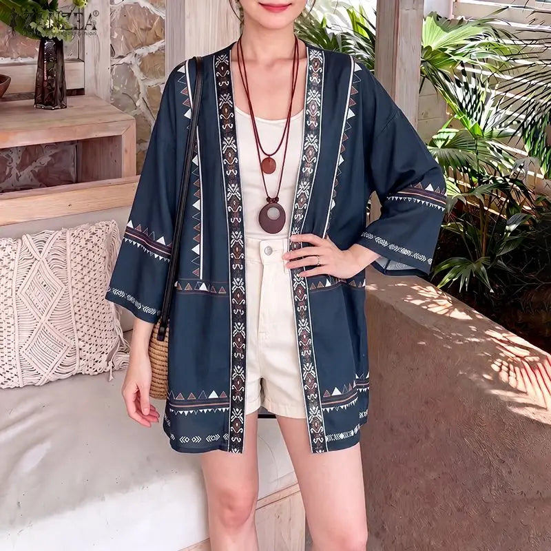 ZANZEA Women's Casual Ethnic Print Kimonos 3/4 Sleeves Open Front Long Cardigans Summer Bohemian Vacation Sunscreen Cover-Up