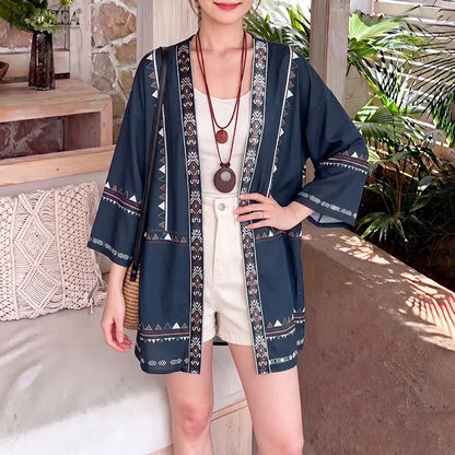 ZANZEA Women's Casual Ethnic Print Kimonos 3/4 Sleeves Open Front Long Cardigans Summer Bohemian Vacation Sunscreen Cover-Up