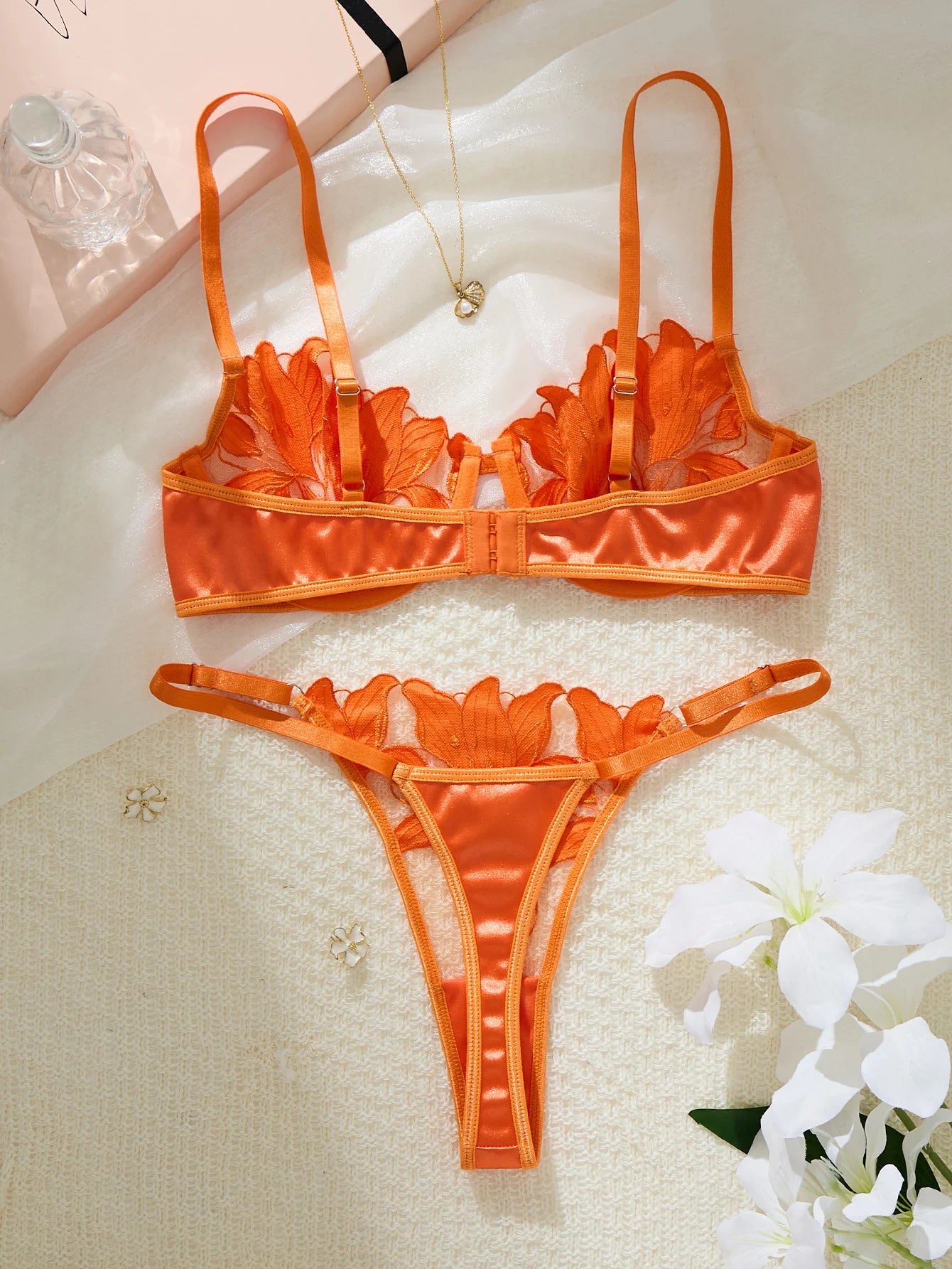 Orange Floral Embroidery Lingerie Set Satin Mesh Underwire Bra Thong Women Intimate Underwear Honeymoon Boudoir ZA824031