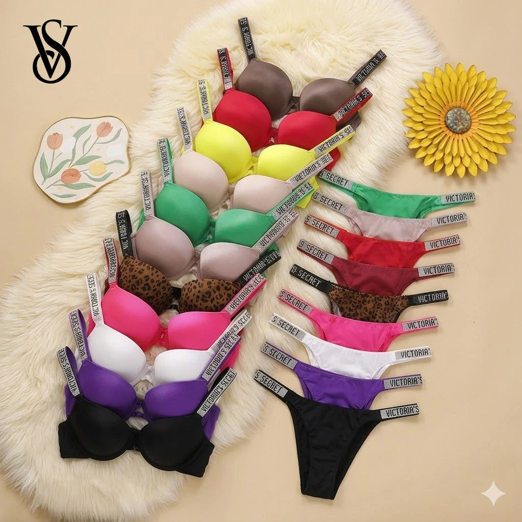 Victoria Secret Shine Script Thong Panty Very Sexy Logo Shine Strap Push Up Bra Set Sexy Women Lingerie Hot