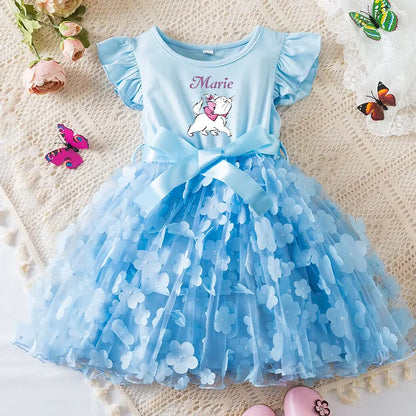 Marie Cat Girls Summer Dress Cartoon Bow Tutu Dress 3D Butterfly Cute Cotton Party Casual Dress for Baby 2-6 Years