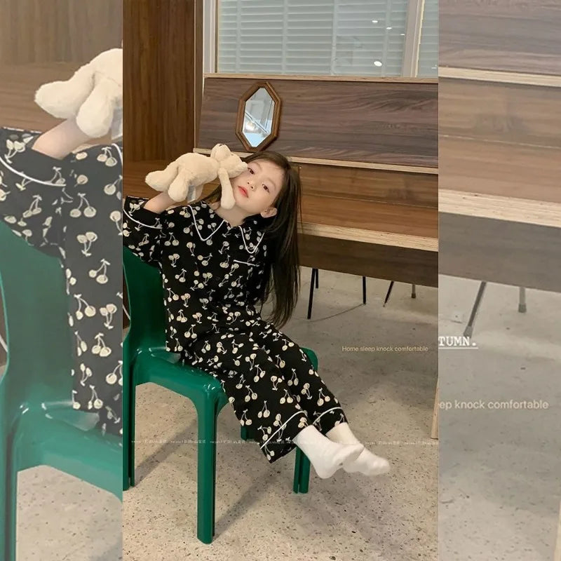 2025 New Kids' Sleepwear Floral Print Lightweight Pajama Set for Tween Girls Spring Autumn Wearable Outside