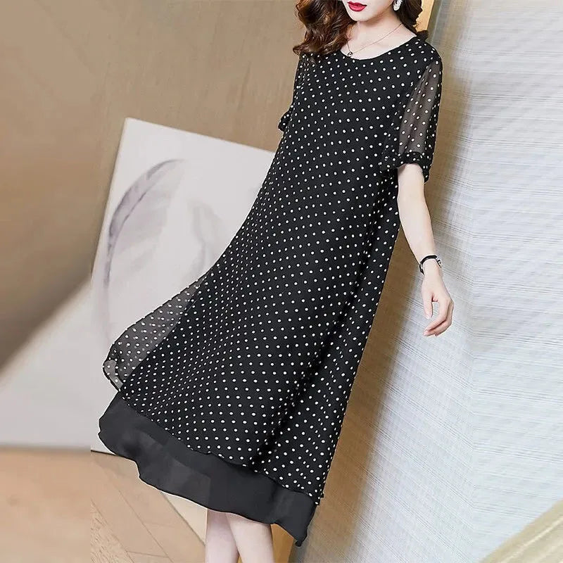 Summer Short Sleeves Covering Belly High End Chiffon Dress 2026 New Large Size Loose Dot French Style Long Dress Women Vestidos