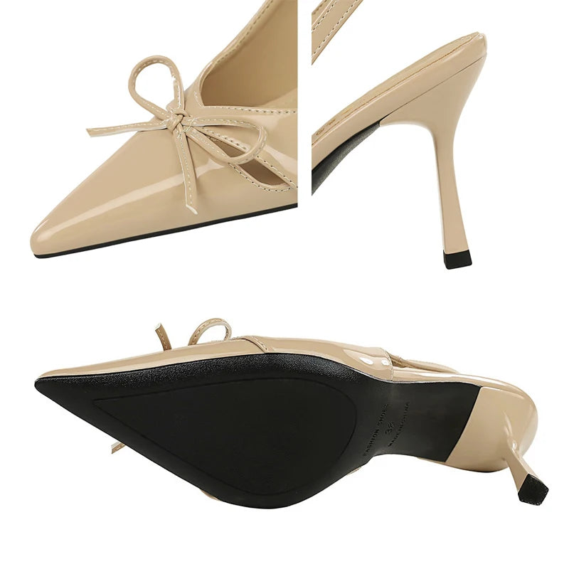 BIGTREE Shoes Hollow Bowknot Women's Shoes With Pointed Tips Women Pumps Patent Leather High Heels Women Sandals Large Size 43