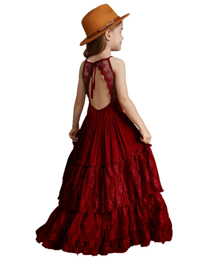 Big Girls Flower Wedding Party Backless Chiffon Dress Princess Kids Bohemia Lace Long Dresses Vestidos Clothing For 3-15 Years