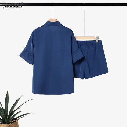 ZANZEA Fashion Women Lapel Neck Half Sleeve Shirt Shorts Sets Summer 2 Pieces Sets Casual Holiday Tracksuit Solid Work Outfits