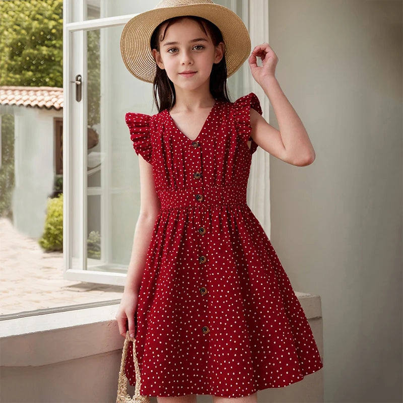 Kids Summer Girl 4-12 Years Old Red Sleeveless Flying Sleeve Polka Dot V-neck Waist Dress Simple Temperament Fashion Daily Style