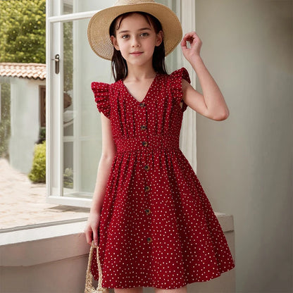 Kids Summer Girl 4-12 Years Old Red Sleeveless Flying Sleeve Polka Dot V-neck Waist Dress Simple Temperament Fashion Daily Style