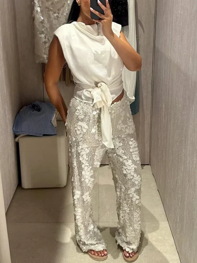 Silver 3d Petal Sequin Casual Pant Elastic Waist Loose Slimming Sequin Wide-leg Pants 2026 Evening Gathering Vibe Outfit