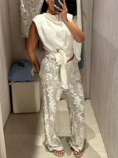 Silver 3d Petal Sequin Casual Pant Elastic Waist Loose Slimming Sequin Wide-leg Pants 2026 Evening Gathering Vibe Outfit