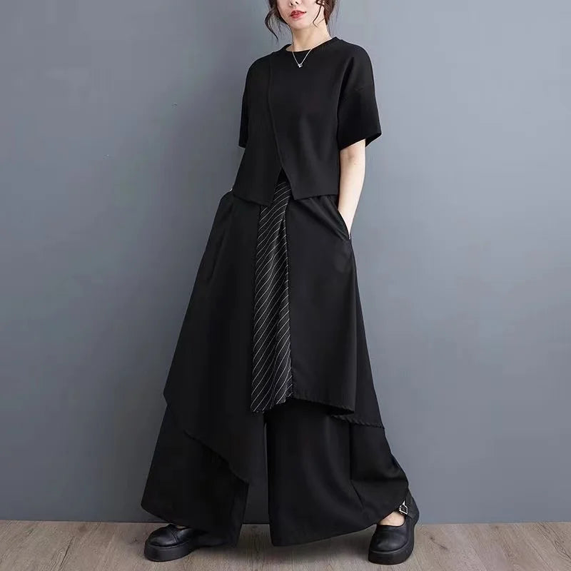 High Waist Wide Leg Skirt Pants Unisex Spring Autumn New Fashion Striped Color Block Asymmetrical Casual Trousers