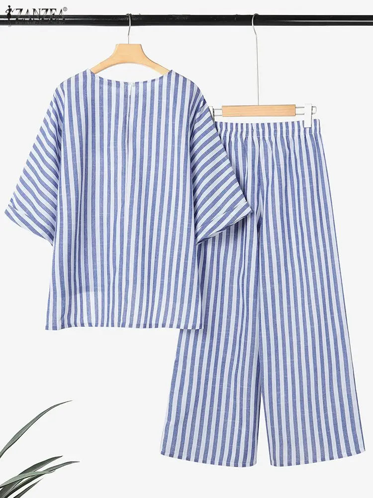 ZANZEA Stylish Autumn 2 Piece Sets Office Stripe Tracksuit Women Elegant 3/4 Sleeve Blouse Pant Sets 2025 Casual OL Work Outfits